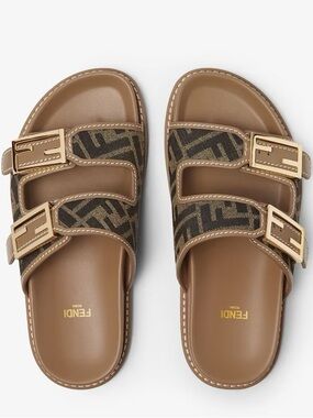 Fendi FF Feel Brown Fabric Slides, size 10. Luxury monogram sandals shoes
